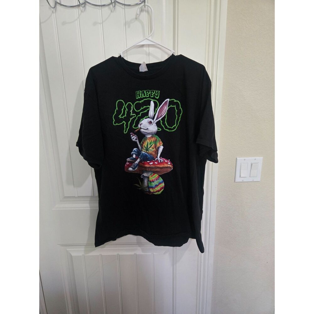 Port & Company Happy 420 Rabbit Graphic T-Shirt Black Menโs 2XL Cotton
